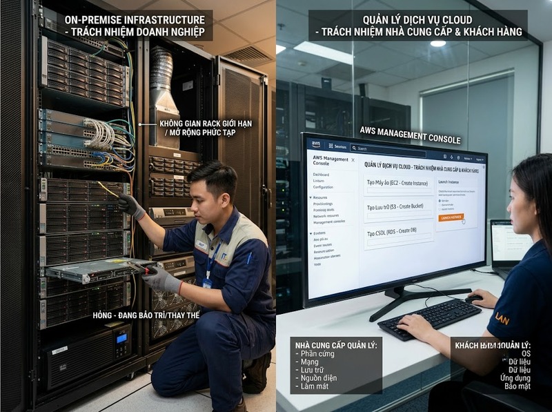 Cloud và on-premise khác nhau về hạ tầng, chi phí, kiểm soát và khả năng mở rộng
